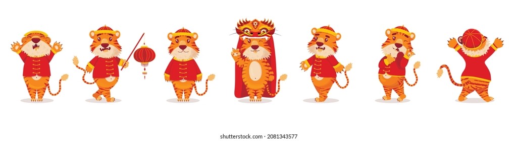 Set of red Chinese tigers in New Year's costumes with lanterns and dragons in cartoon style. Symbol 2022