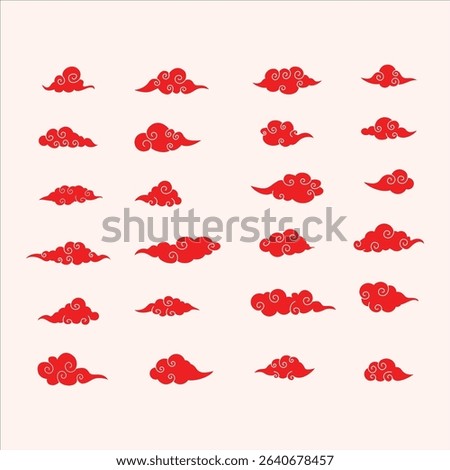Set of red Chinese-style cloud ornaments in flat vector style. Ideal for Lunar New Year designs, traditional Asian patterns, Oriental decorative elements, background accents, and festive projects