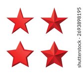 Set of red Christmas 3d three-dimensional Star glossy bright shine five angle star shape isolated on white Background collection. Icon for holiday design element.