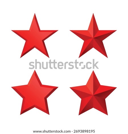 Set of red Christmas 3d three-dimensional Star glossy bright shine five angle star shape isolated on white Background collection. Icon for holiday design element.