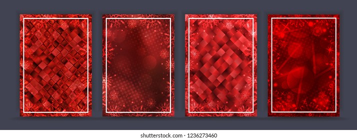 Set of red Christmas backgrounds. Winter frame with snowflakes. Christmas Greeting Card. New Year background with space for your text. Winter template. Christmas backdrop.