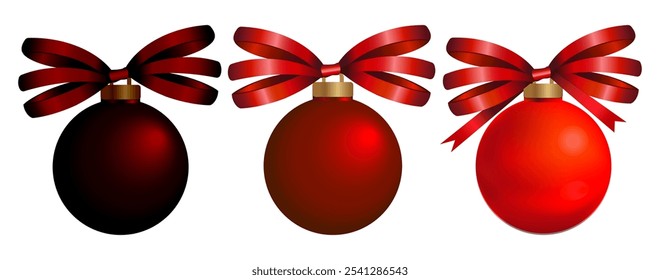Set red Christmas ball with decorative bow in glitters isolated on white background. Collection different Christmas ball template. New year toy decoration. Round decorative baubles. Vector. 