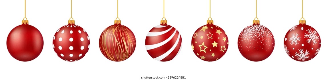 Set red Christmas ball with snow effect isolated on white background, Christmas baubles hanging isolated. Collection different Christmas ball template. New year toy decoration - stock vector