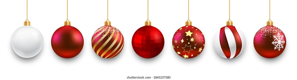 Set red Christmas ball and transparent glass with snow effect isolated on white background. Collection different Christmas balls template. New year toy decoration - vector