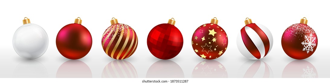Set red Christmas ball and transparent glass with snow and reflection effect isolated on white background. Collection different Christmas balls template. New year toy decoration - stock vector
