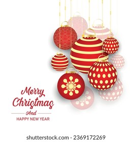 Set red Christmas ball and transparent glass with snow effect isolated on white background. Collection different Christmas ball template