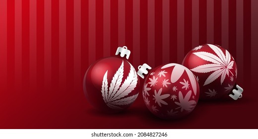 Set of red Christmas balls with cannabis icons on them. Realistic, glassy new year ball toys with marihuana silhouettes. Banner with empty space for copy text. Striped rich background.