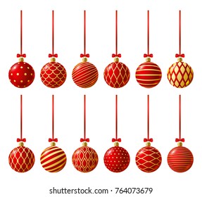 Set of Red Christmas balls with golden ornate