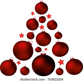 Set of red Christmas balls hanging on white background