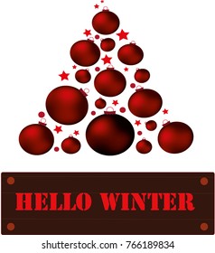 Set of red Christmas balls hanging on white background