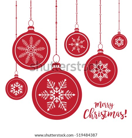 Set of red Christmas balls hanging on white background