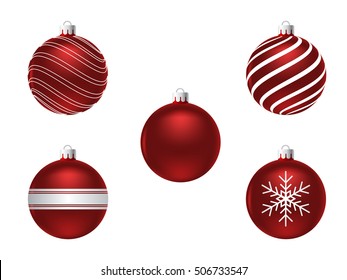 Set of red Christmas balls on white background. Isolated vector illustration.