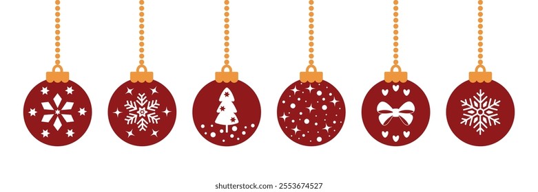 Set of Red Christmas balls. Christmas tree balls are decorated with different patterns. New Year and gifts. Decorative element for Christmas design.