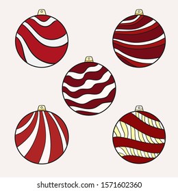 Set of red Christmas balls with white and yellow decor on white isolated background. Suitable for postcards, banner.