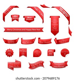 Set of red Christmas banners, Happy New Year vector tags, Merry Christmas isolated labels. Christmas red isolated Tag, Christmas ribbons, Vector illustration.