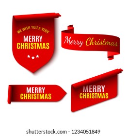 Set of red Christmas banners on white background. Stickers and ribbons. Vector illustration.