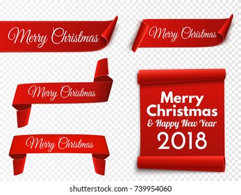 Set of red Christmas banners. Paper scrolls. Vector illustration.