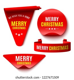 Set of red Christmas banners. Ribbons and stickers. Paper scrolls. Vector illustration.