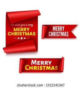 Set of red Christmas banners. Ribbons. Stickers. Vector illustration.