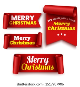 Set of red Christmas banners. Ribbons. Stickers. Vector illustration.