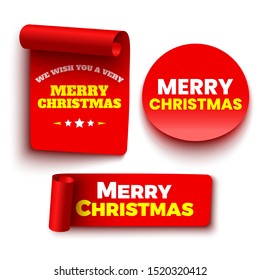 Set of red Christmas banners. Ribbons and round sticker. Vector illustration.