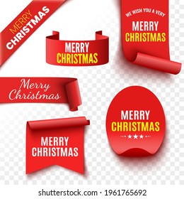 Set of red Christmas banners. Ribbons, tags and stickers. Paper scrolls. Vector illustration.