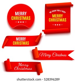 Set of red Christmas banners. Ribbons and round sticker. Paper scrolls. Vector illustration.