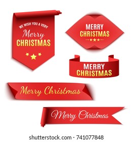 Set of red Christmas banners. Ribbons and stickers. Paper scrolls. Vector illustration.