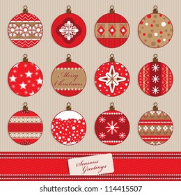 set of red christmas bauble decorations, with ribbon banner