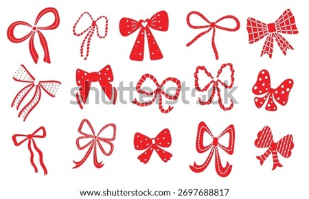 Set with red Christmas bows , gift ribbons on a transparent background. Hand drawn vector illustration. Can be used in textile industry, paper, background, scrapbooking.