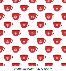 Set of red Christmas coffee cups with snowflake. Vector illustration