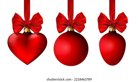 Set of Red Christmas decoration hanging on ribbon with bow.Vector illustration isolated on a white background