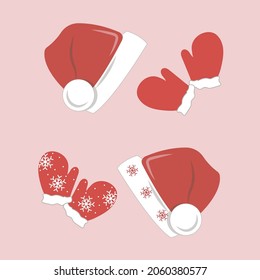 Set of red christmas hats and mittens