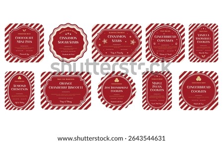Set of red Christmas Labels. Good for festive bakery, cookies, pastries, seasonal packaging, bakery branding, holiday gifts