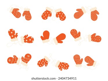 Set of red Christmas mittens with ornament and rope. Traditional winter clothes, knit mittens for cold season. Isolated. Vector illustration