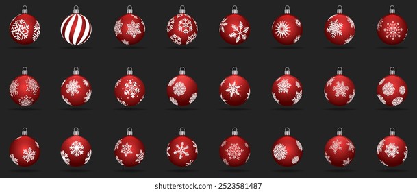 Set of red Christmas ornaments ball with white snowflake designs on black background