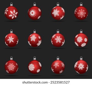 Set of red Christmas ornaments balll with white snowflake designs on black background