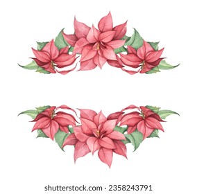 Set of Red Christmas poinsettia flowers. Watercolor illustration. Botanical illustration for design, print or background. Holiday print.
