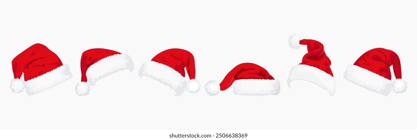 Set of red Christmas Santa Claus hats isolated on white background. Hand drawn simple Santa hats.