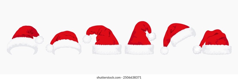 Set of red Christmas Santa Claus hats isolated on white background. Hand drawn simple Santa hats.