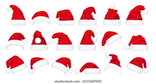 Set of red Christmas Santa Claus hats isolated on white background. Hand drawn simple Santa hats.	