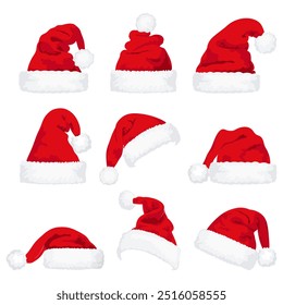 Set of red Christmas Santa Claus hats isolated on white background. Hand drawn simple Santa hats.	