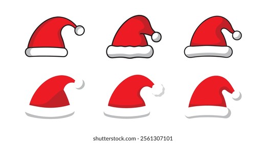 Set of red Christmas Santa Claus hats. Vector illustration.