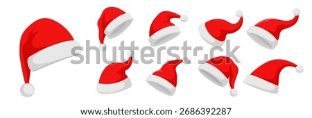 Set of red Christmas Santa Claus hats isolated on white background. Hand drawn simple Santa hats.