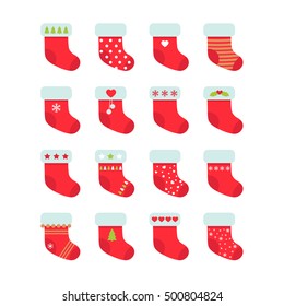 Set of red Christmas socks. Christmas stocking collection. Vector illustration