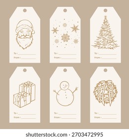 Conjunto de etiquetas vermelhas de Natal etiquetas com objetos desenhados à mão. Ilustração vetorial de etiquetas de Natal.
