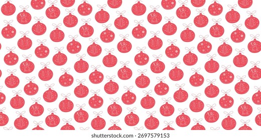 Set red Christmas tree balls. Seamless pattern. Snowflakes, a snowman, and a Christmas tree. Doodle drawing. New Year's wallpaper, decor for holiday packaging and textiles. Winter vector background.