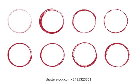 Set of Red circle brush stroke vector isolated on white background. Red circle brush stroke. For stamp, seal, ink and paintbrush design template. Grunge hand.