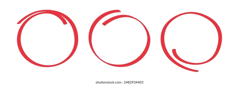 Set of red circle check. Buble for text, message. Hand drawn doodle shape. Highlight pencil or pen, brush. Vector illustration