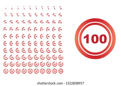 Set of red circle diagrams from 1 to 100 percent Pie Charts Infographic Elements Number
